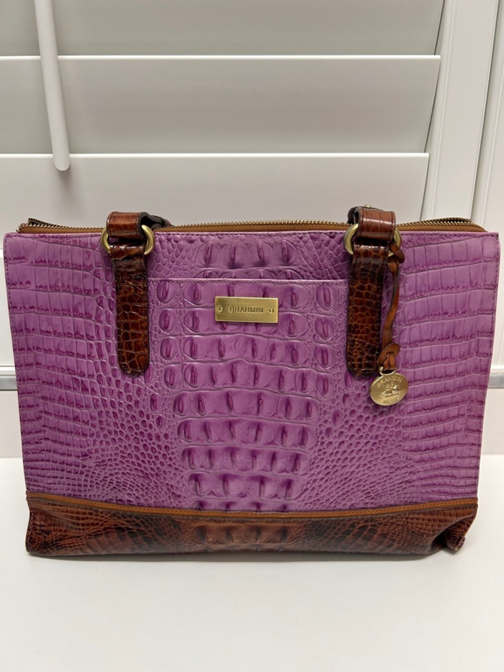 Brahmin Orchid Tri-Color Anywhere Tote Womens Croc-Embossed Shoulder Bag Purse - Picture 2 of 9
